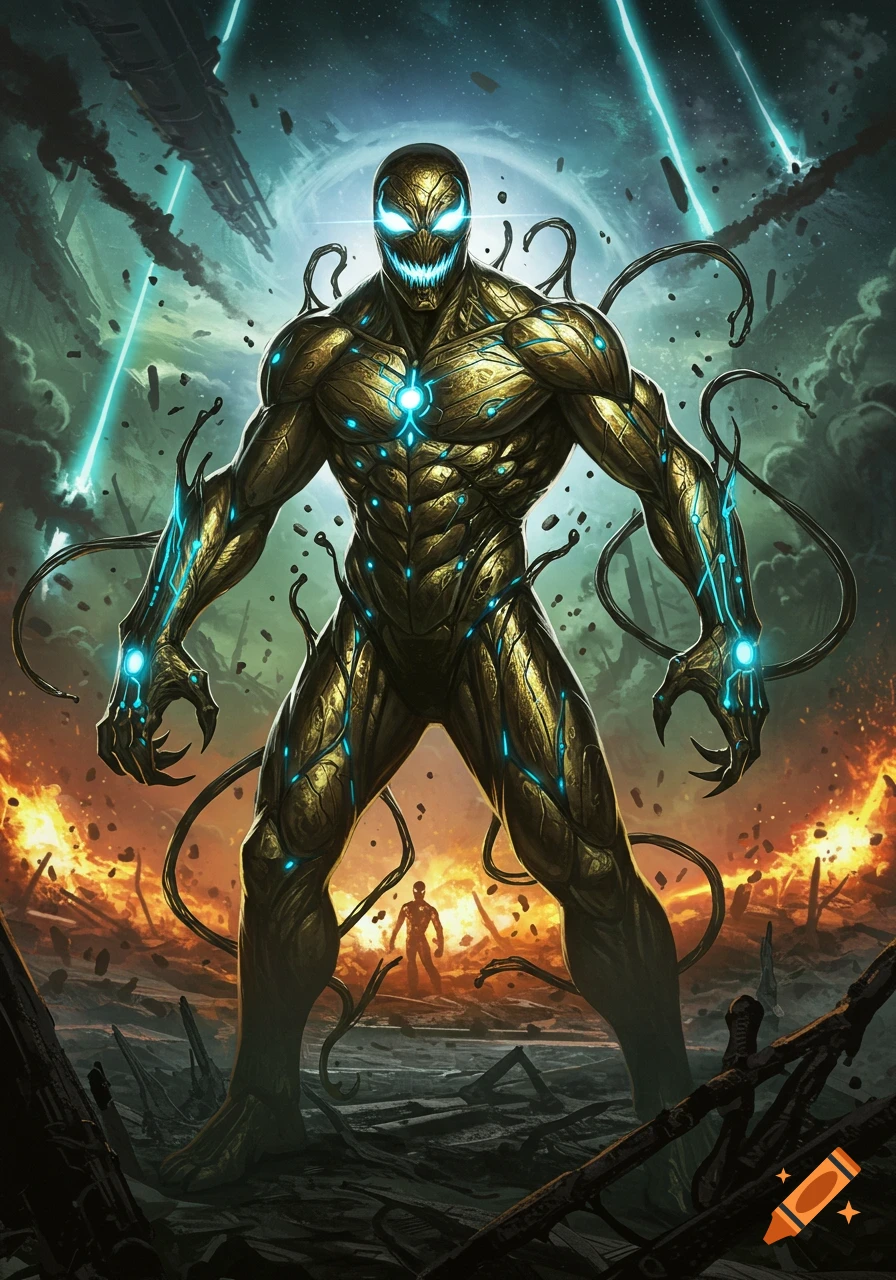 A massive gold and blue glowing monster with tendrils stands on a fiery, debris-strewn battlefield, in a detailed comic art style.