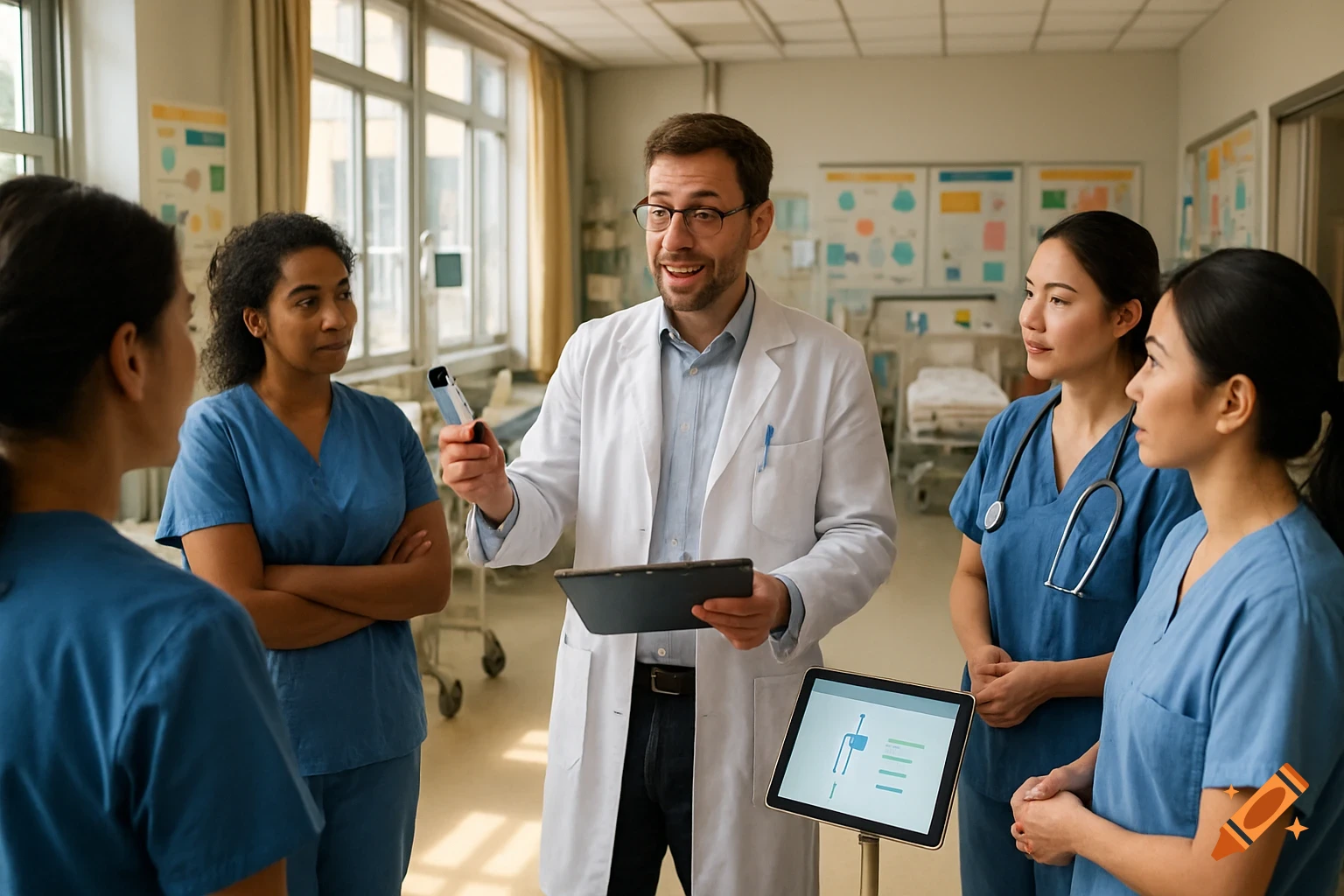A male doctor presents to a group of female nurses in a hospital ward, holding a tablet. A second tablet displays graphics.