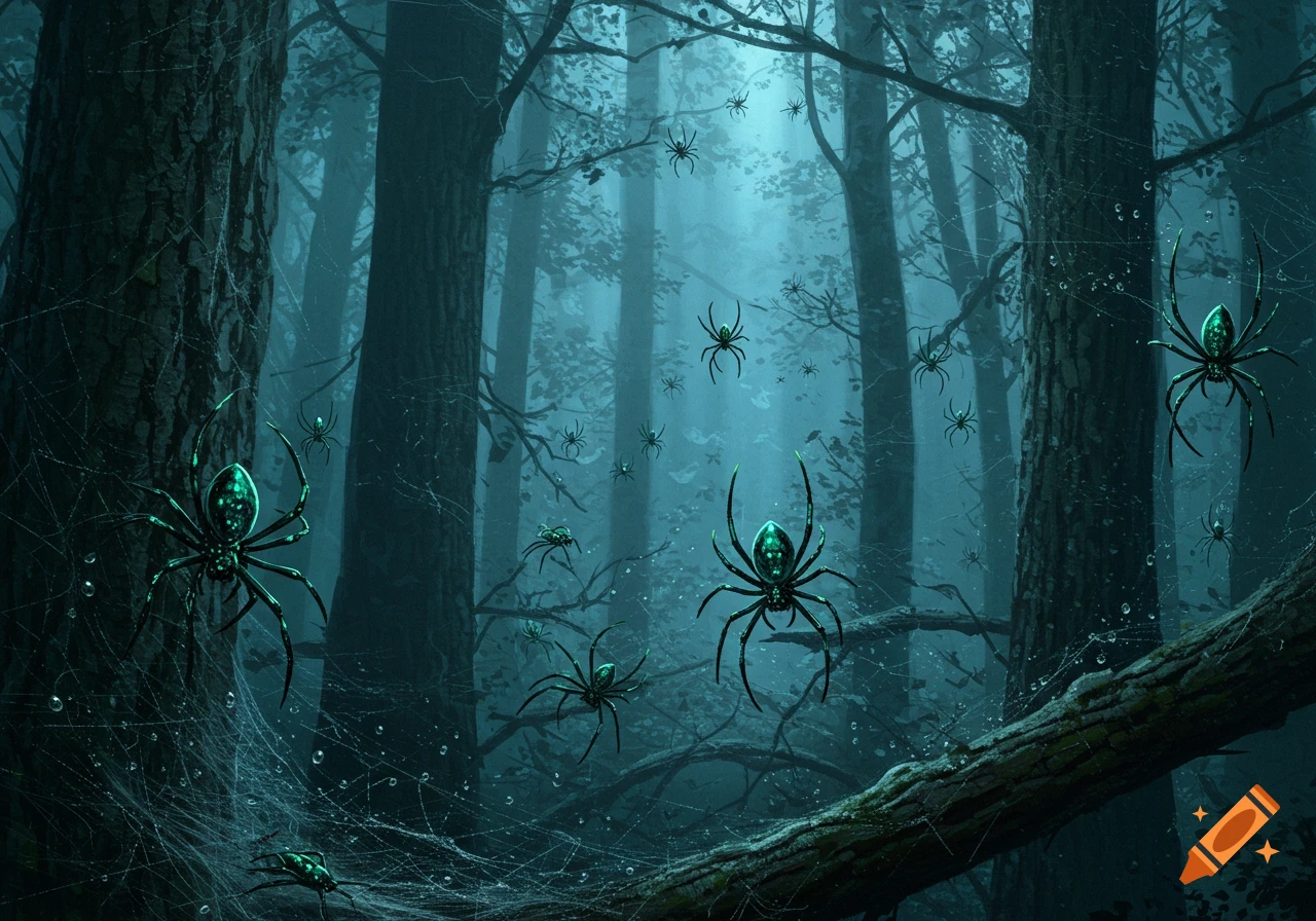 Glowing green spiders on webs in a dark, misty forest with tall trees.
