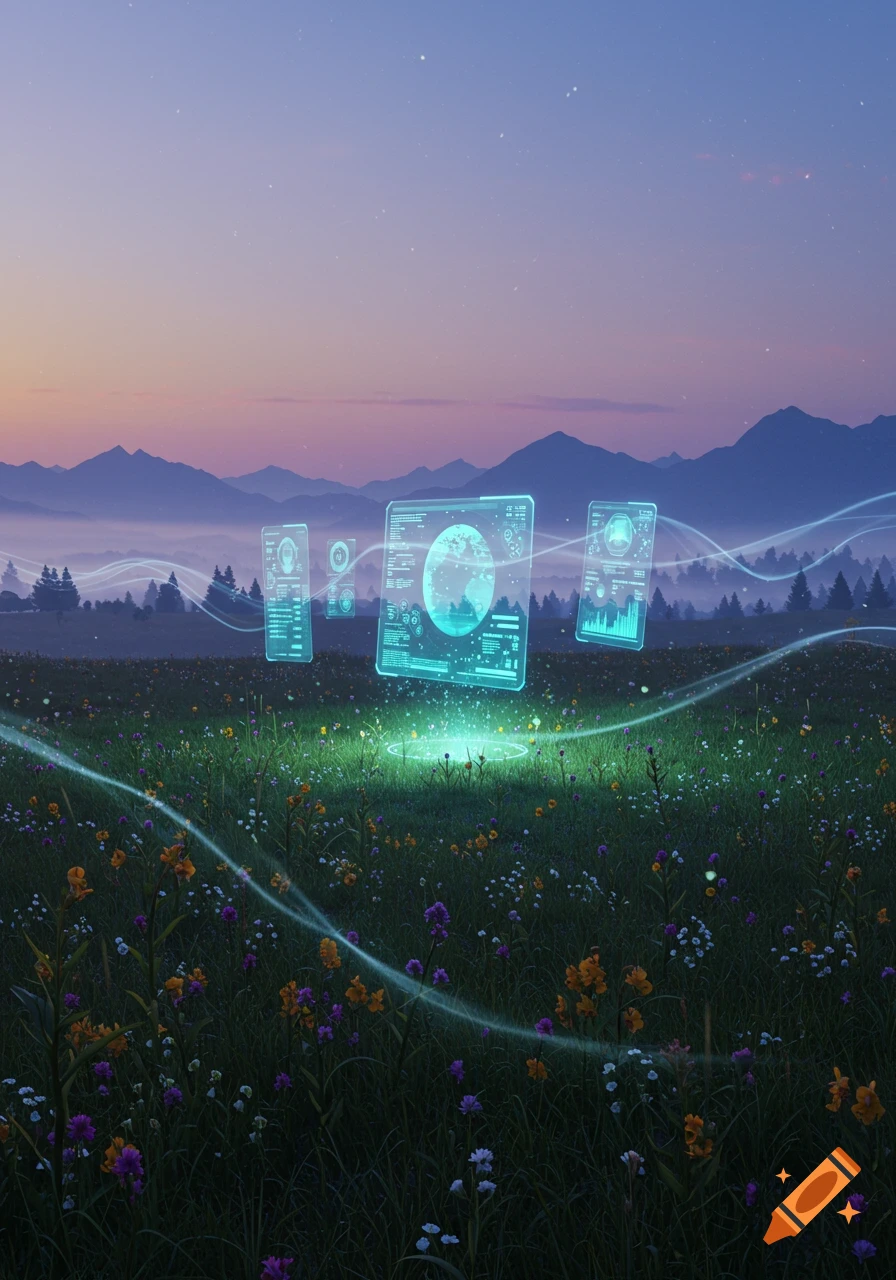 A vibrant meadow with wild flowers and distant mountains under a twilight sky. Several glowing, translucent holographic screens display data, connected by light trails.