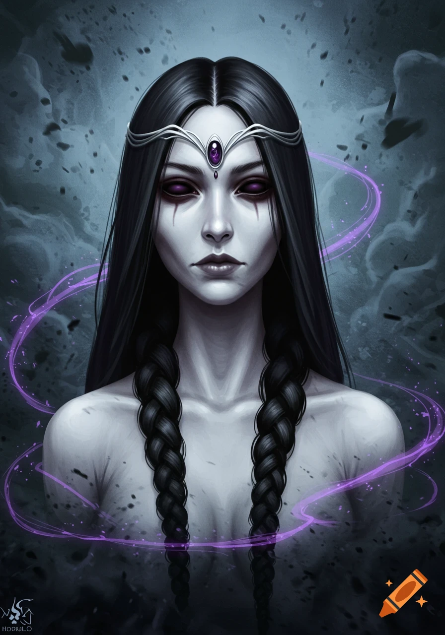 Portrait of a pale undead warlock with long black braids, dark eyes, and a silver circlet, surrounded by purple magic.