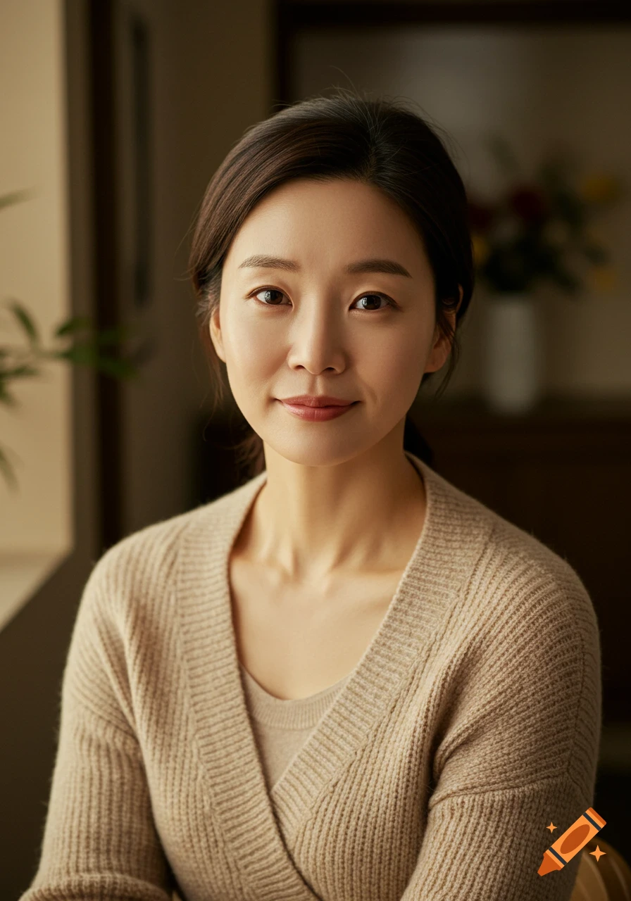 Realistic portrait of a smiling Korean woman in a beige knit sweater.