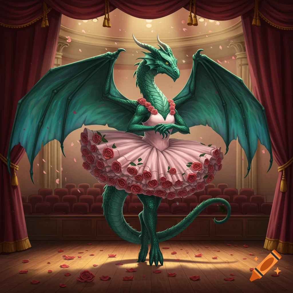 A detailed illustration of a green dragon wearing a pink rose-adorned tutu, standing on a stage with scattered petals and red curtains.
