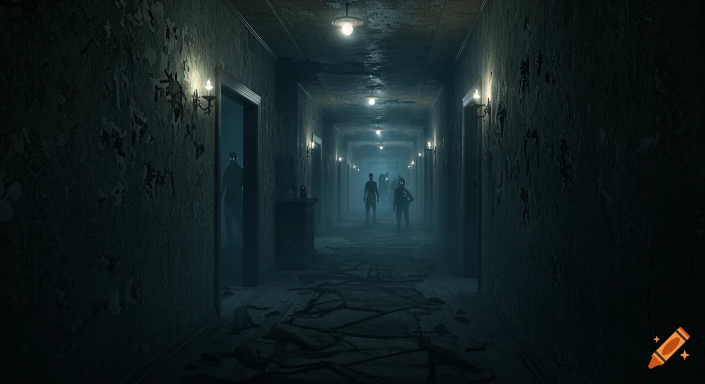Dimly lit, eerie hallway in an old house with peeling wallpaper, glowing-eyed shadowy figures, and a lingering mist.