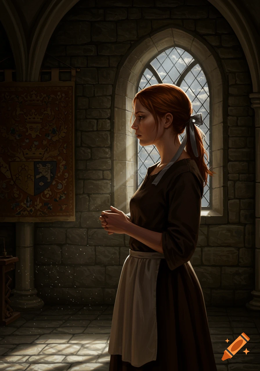 A thoughtful red-haired medieval woman in a dark dress and apron, standing in a sunlit stone room with an arched window.