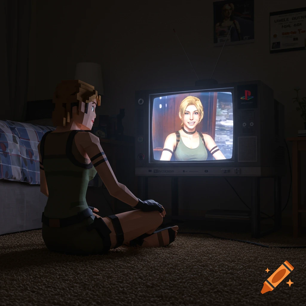 A low-polygon Tomb Raider character sits cross-legged on a carpet, watching a realistic cosplayer on an old TV in a dimly lit room.