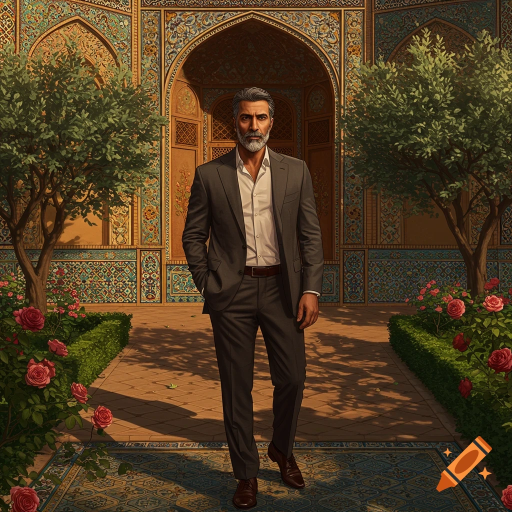 A sophisticated man in a suit stands in a beautiful Persian garden with intricate tiled architecture and rose bushes.