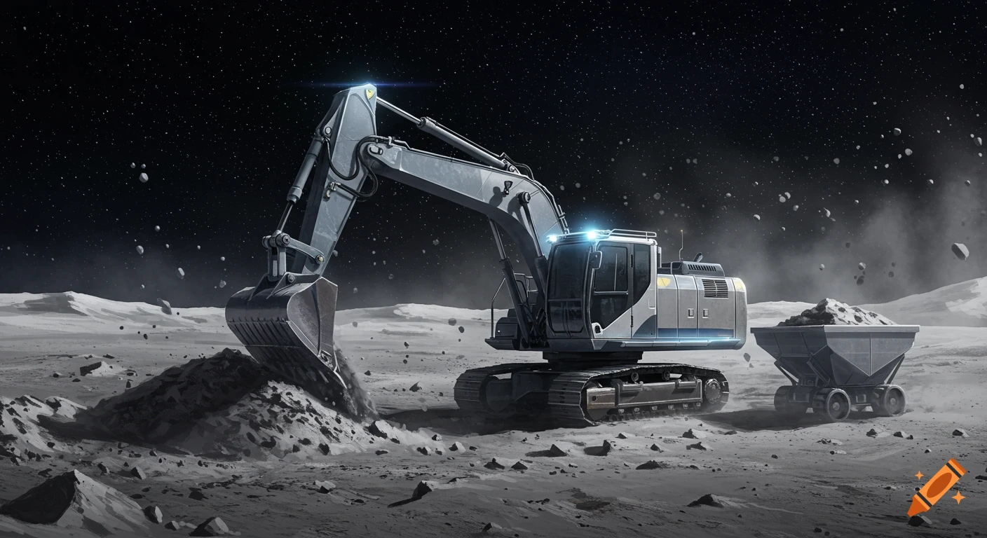 A futuristic grey excavator digs lunar regolith on a barren moon surface under a star-filled sky, with a mining wagon nearby.