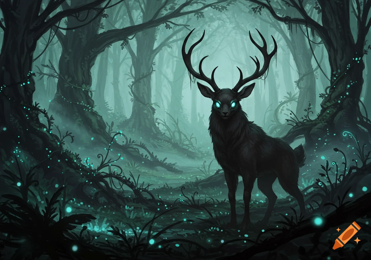 A dark, mystical forest scene with glowing teal light particles and a black deer-like creature with large antlers and glowing teal eyes.