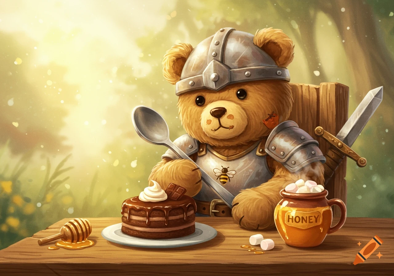 An adorable teddy bear warrior in a helmet and armor sits at a rustic table with chocolate cake, honey, and a steaming mug, holding an oversized spoon in a sun-drenched forest clearing. Digital painting.