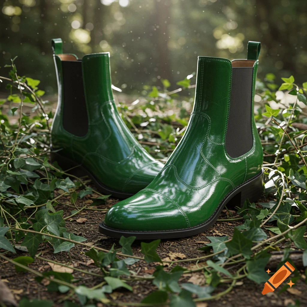 Photorealistic image of glossy green leather chelsea boots resting on a forest floor covered in ivy.