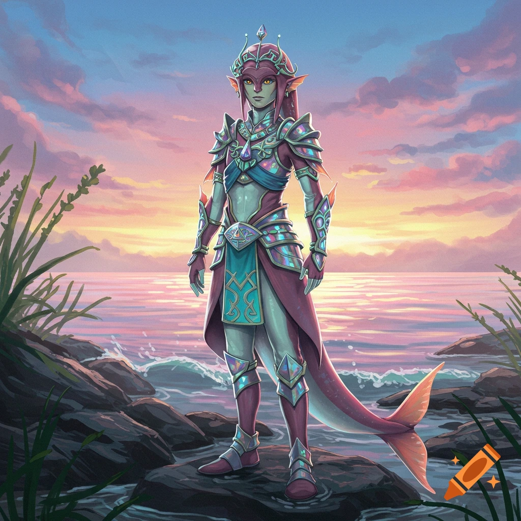 Fantasy art of a pink-skinned, armored Zora-like character with a fish tail, standing on rocks by the ocean at sunset.