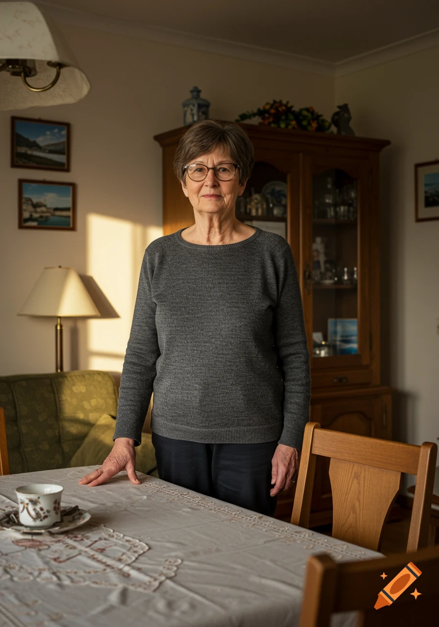 A kind elderly woman with glasses, wearing a grey sweater, stands by a dining table in a cozy, sunlit living room.