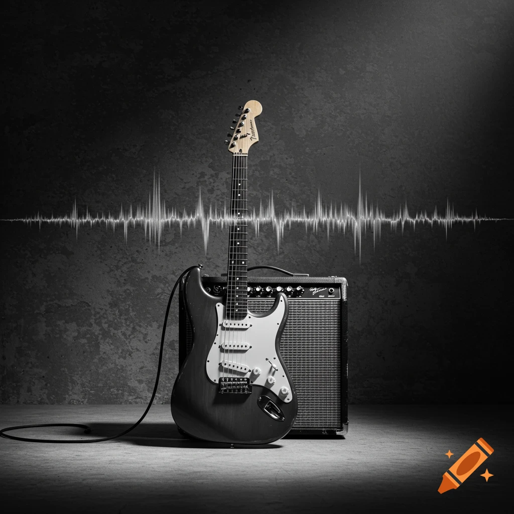 Photorealistic grayscale image of a Fender electric guitar plugged into an amplifier, with sound waves against a concrete wall.