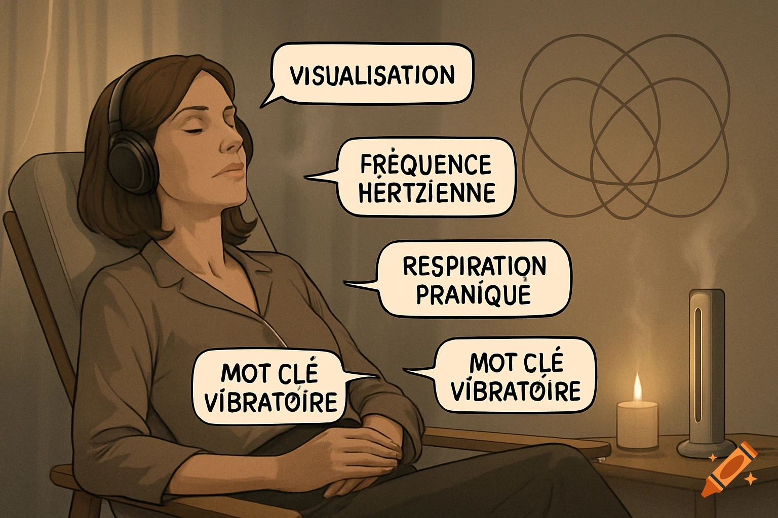 An illustration of a woman relaxing in a chair with headphones, surrounded by thought bubbles containing French words related to wellness.