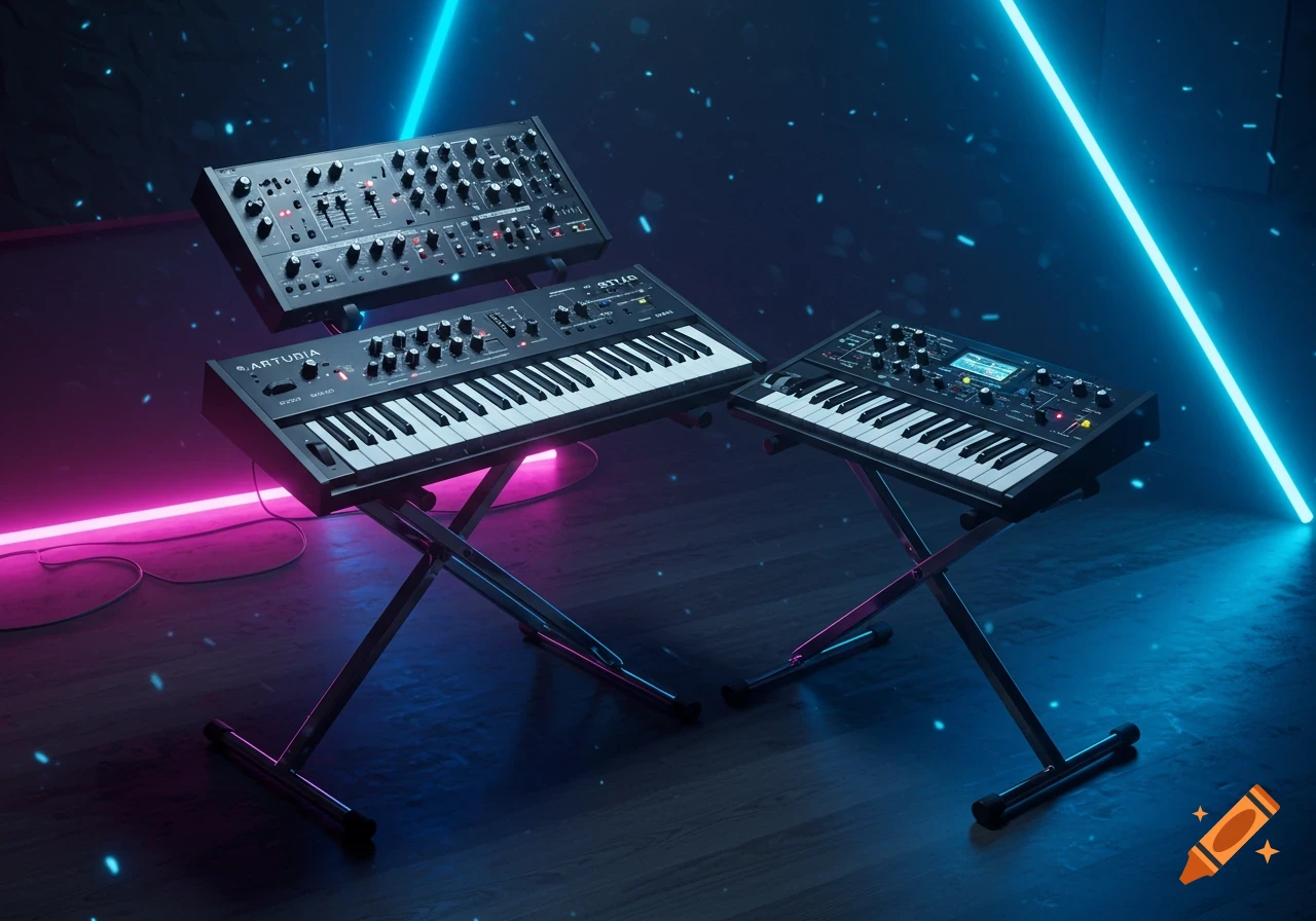 Three synthesizers on stands illuminated by pink and blue neon lights in a dark room.