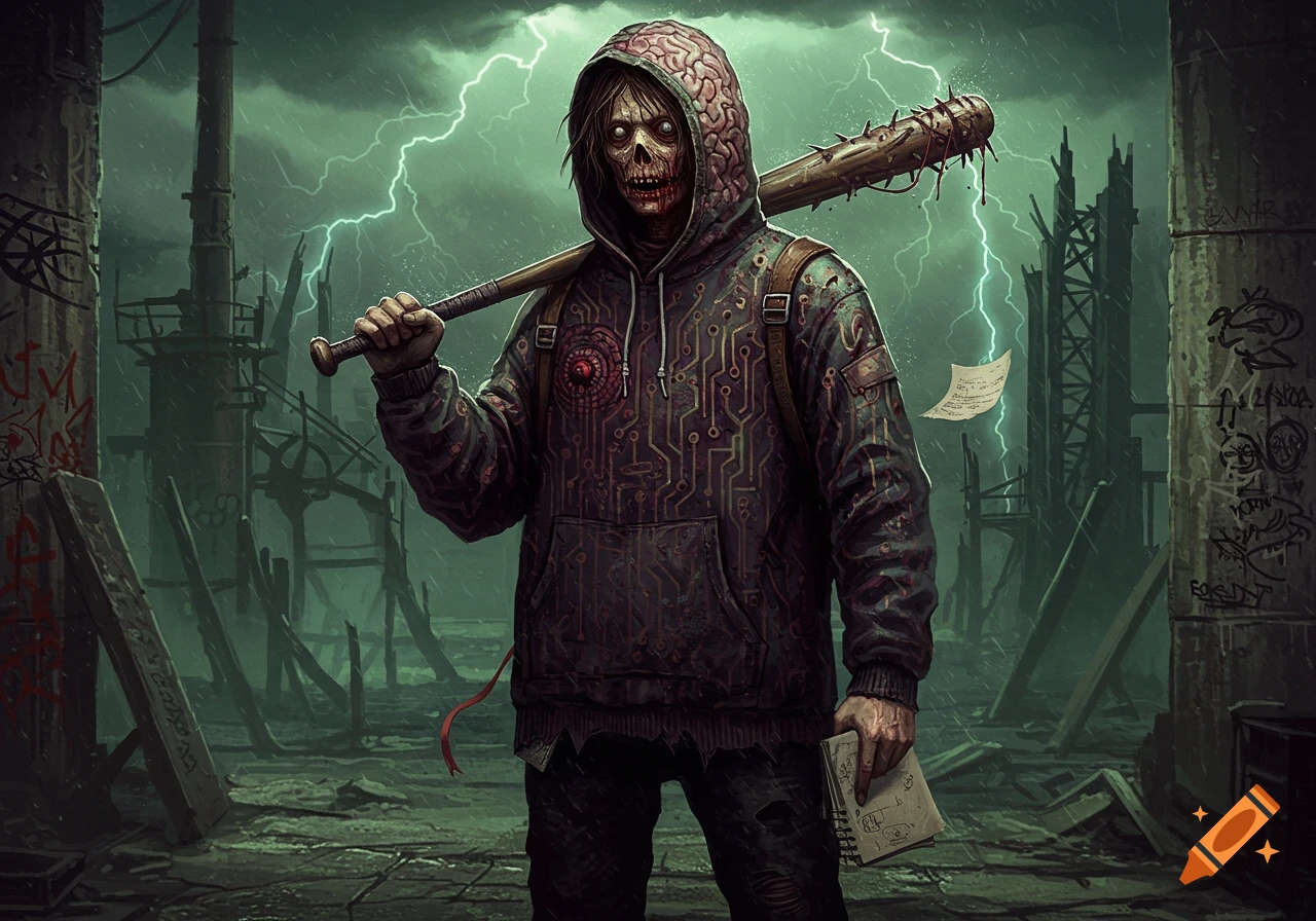 A zombie-like figure in a circuit-patterned hoodie holds a spiked bat in a rainy, lightning-streaked, ruined city landscape.