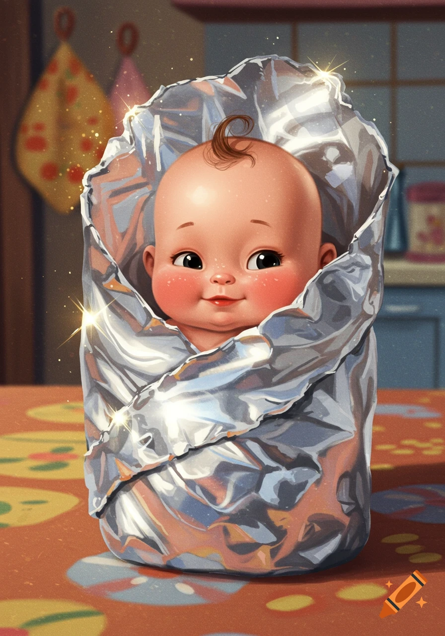 A cute, smiling baby with rosy cheeks and a tiny curl of hair, wrapped tightly in shiny silver foil like a burrito, in a warm, illustrative style.