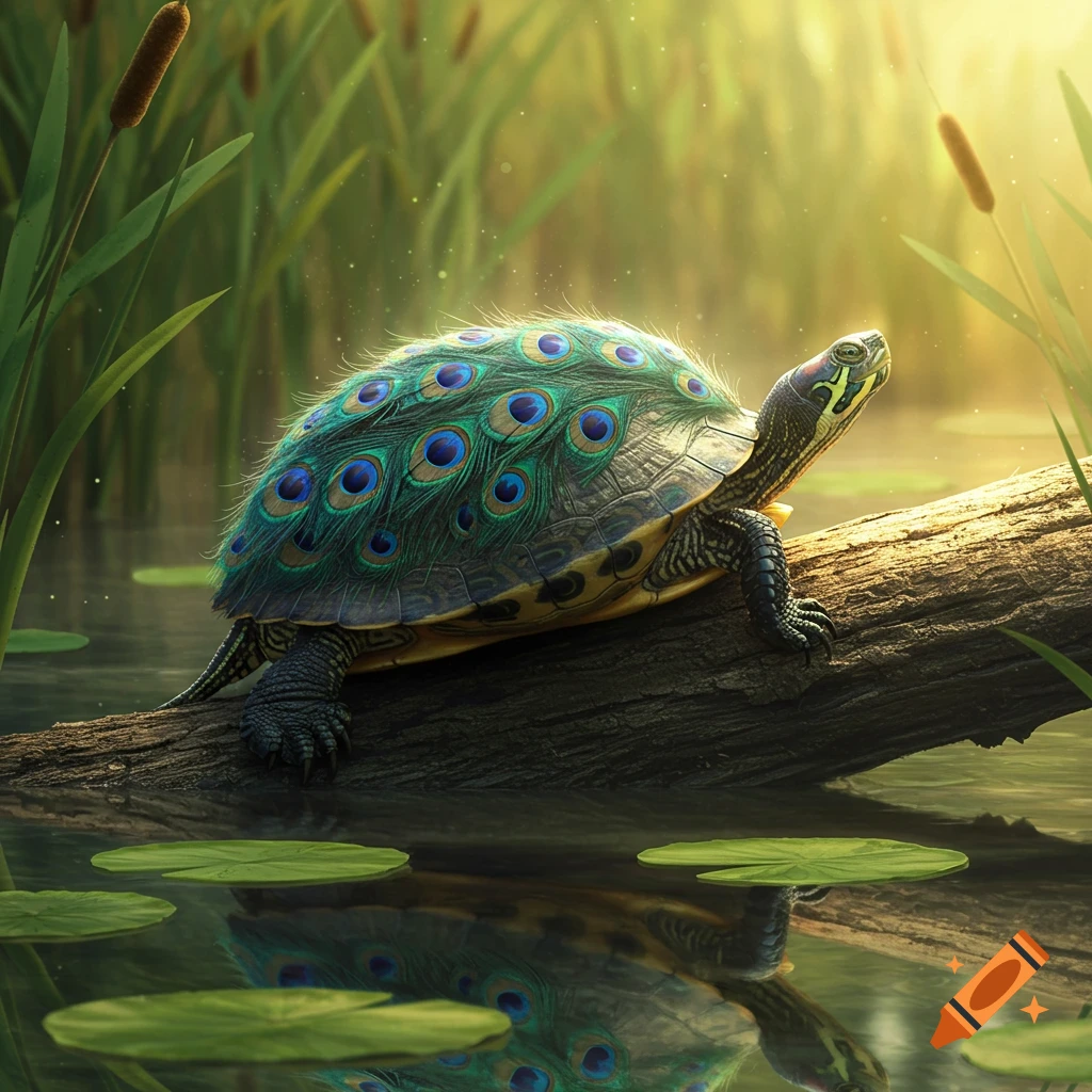 A photorealistic turtle with a shell of vibrant peacock feathers rests on a log in a sunlit pond with lily pads.