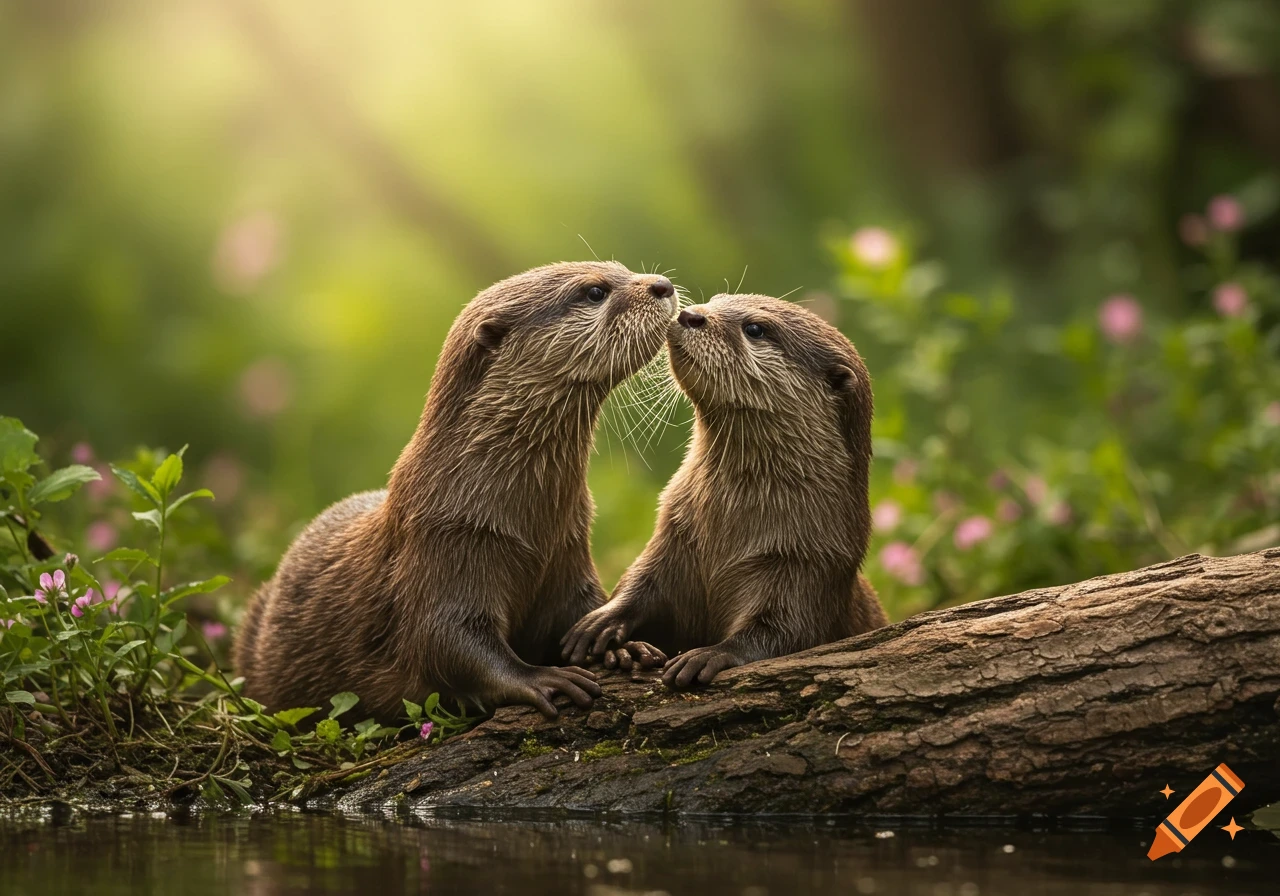 Two photorealistic otters touch noses while sitting by a log in water, with a lush green natural background.