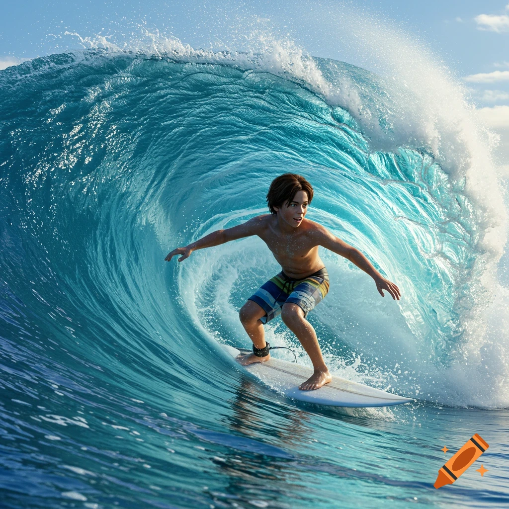Brunette boy surfing inside a large, curling blue ocean wave, photorealistic.