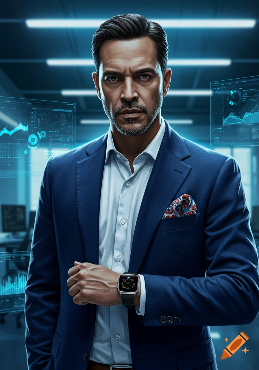 Photorealistic image of a stylish businessman in a suit and smartwatch, standing in a futuristic office with data screens.