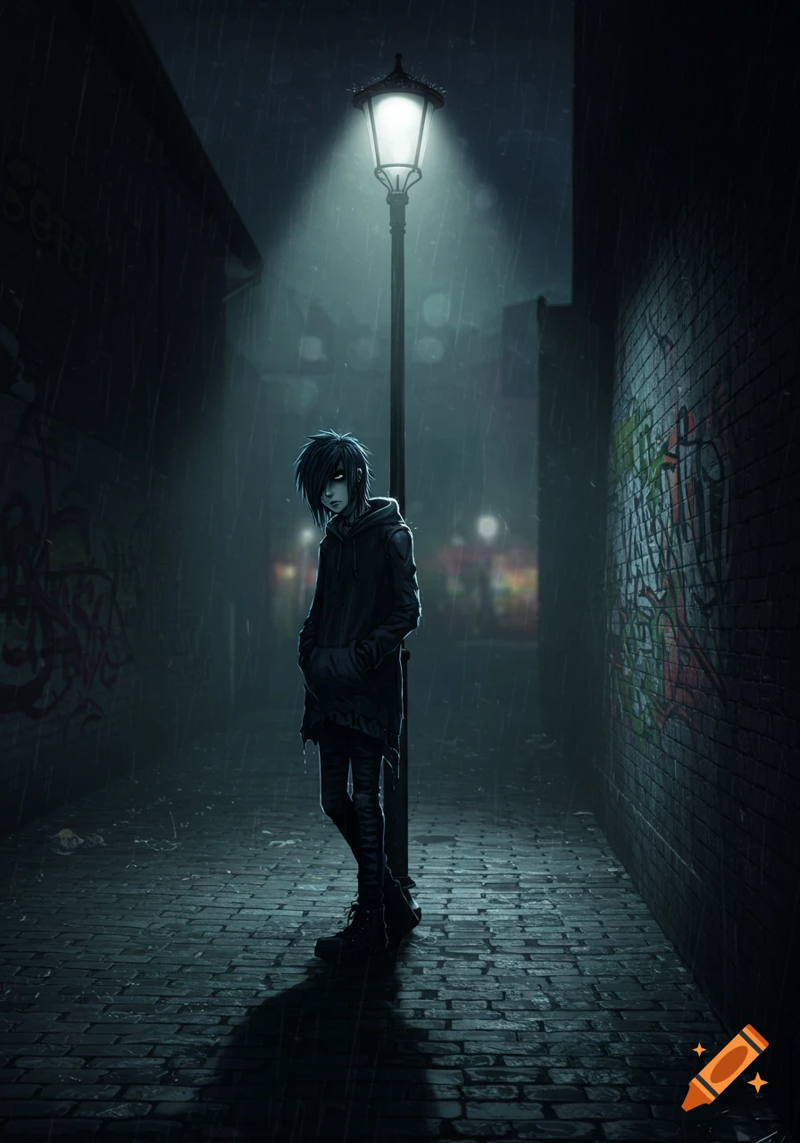 An emo-style person with black hair stands in a dark, rainy alley under a lamppost, with graffiti on brick walls.