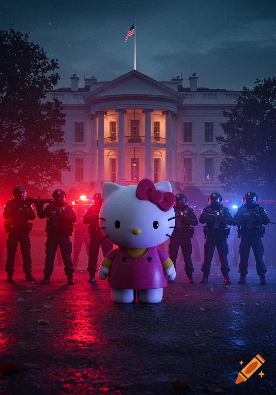 Hello Kitty stands in front of the White House at night, bathed in red and blue lights, surrounded by armed police officers. Photorealistic.