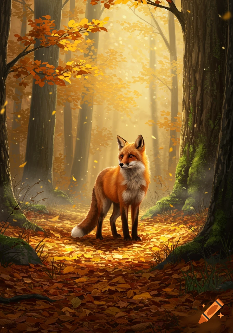 A red fox stands on a leaf-covered forest floor, bathed in golden light, surrounded by autumn trees.