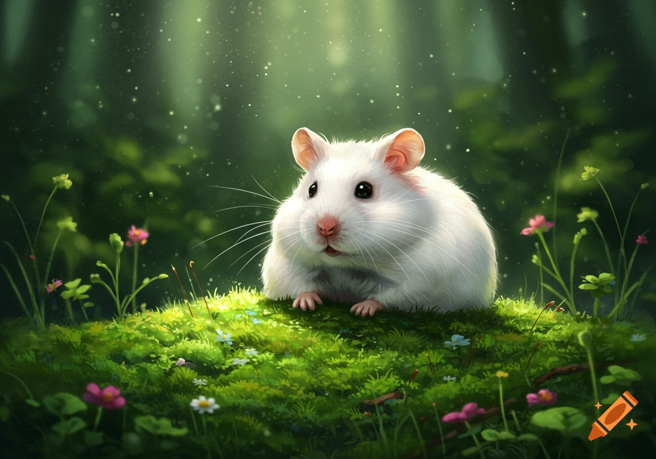 A fluffy white hamster sits on mossy ground amidst wildflowers in a soft focus magical forest.
