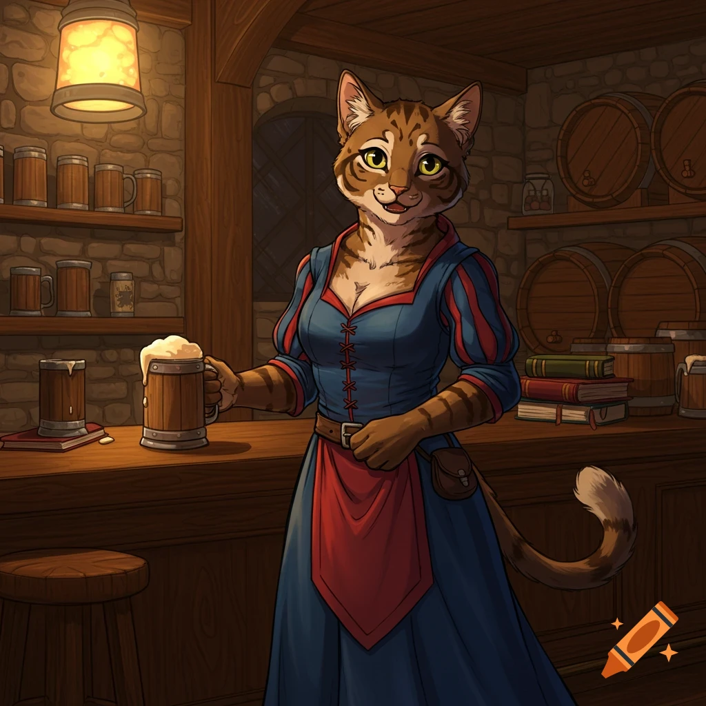 A brown striped Tabaxi innkeeper in a blue and scarlet dress holds a frothy beer mug in a cozy tavern, D&D art style.