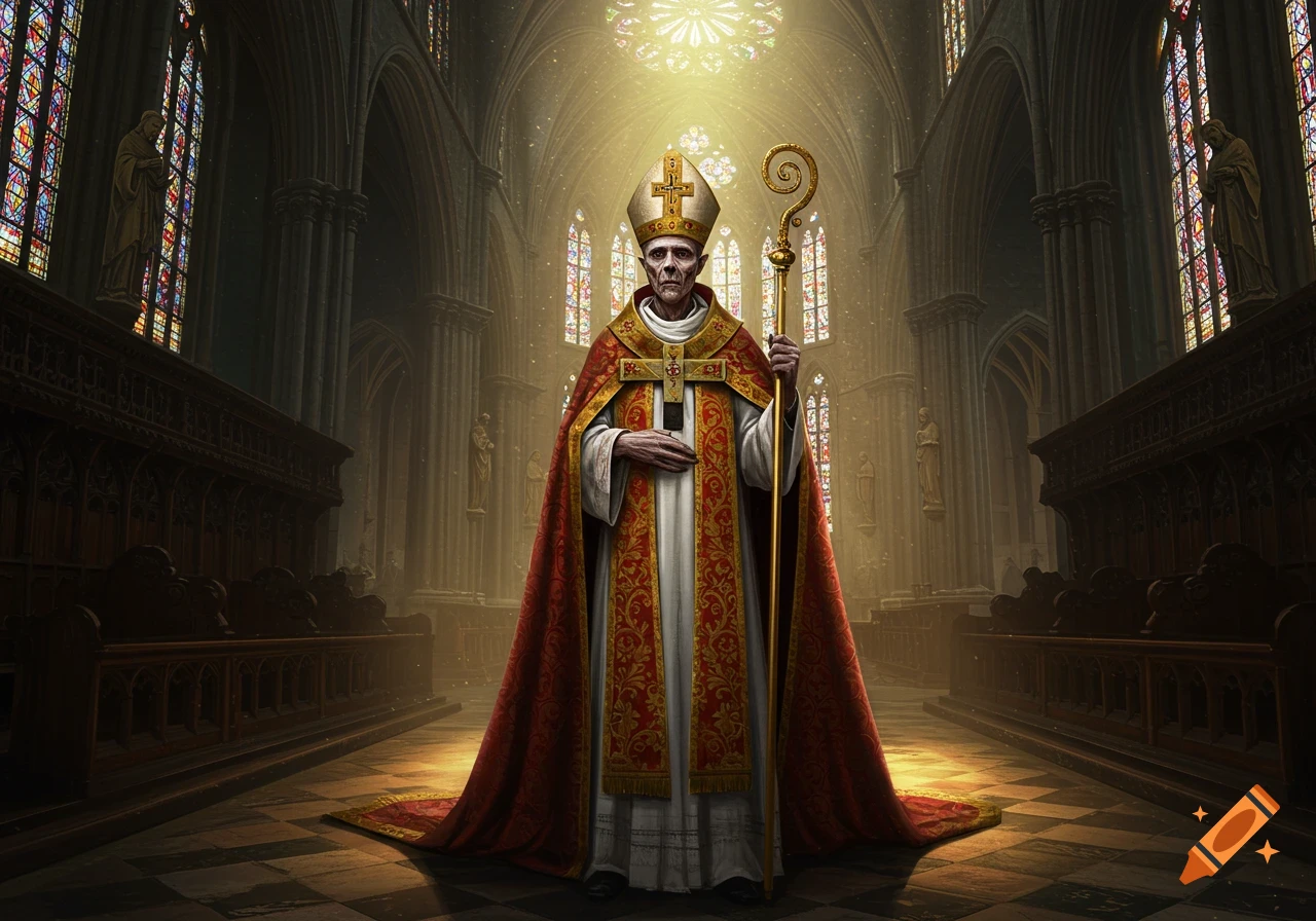 A gaunt 15th-century bishop in ornate robes stands in a grand, sunlit Gothic cathedral.