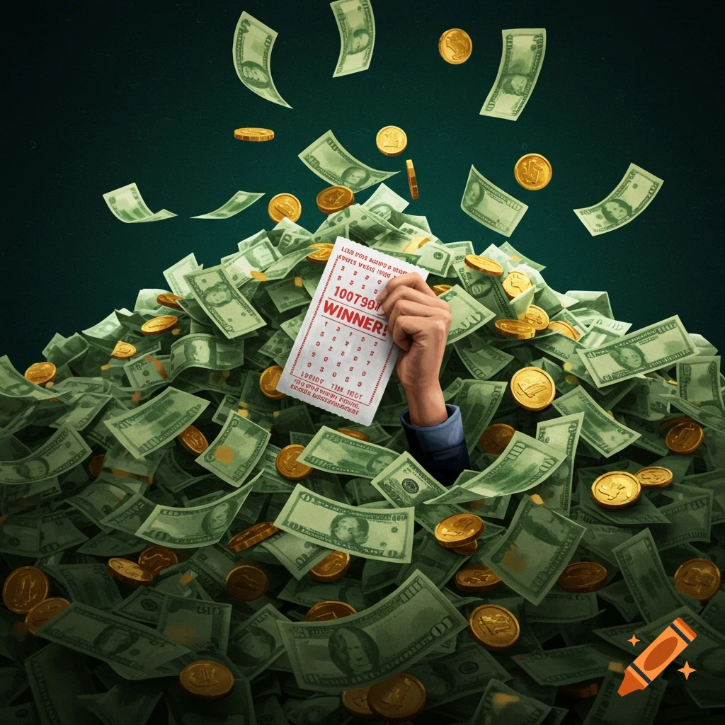 A hand emerges from a large pile of dollar bills and gold coins, holding up a white lottery ticket that clearly says "WINNER!".