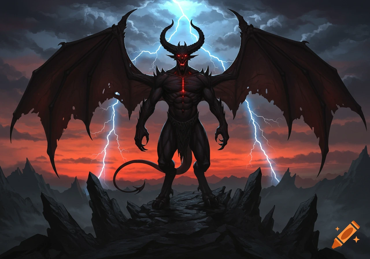 A powerful horned demon with glowing red eyes and large wings stands on a rocky peak with lightning striking in a stormy, red sky.