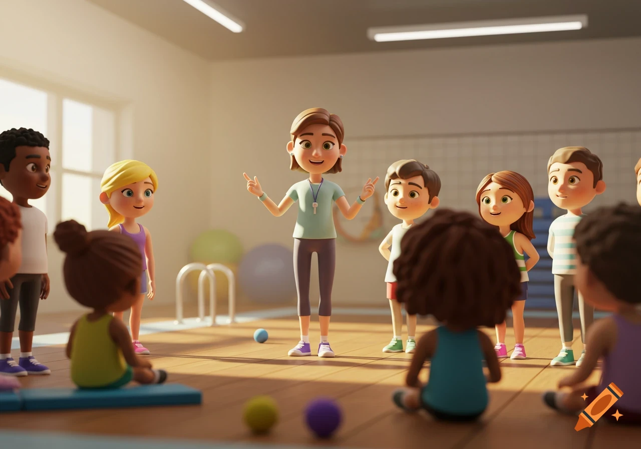 A 3D animated scene of a female teacher talking to a group of diverse children in a brightly lit gym.