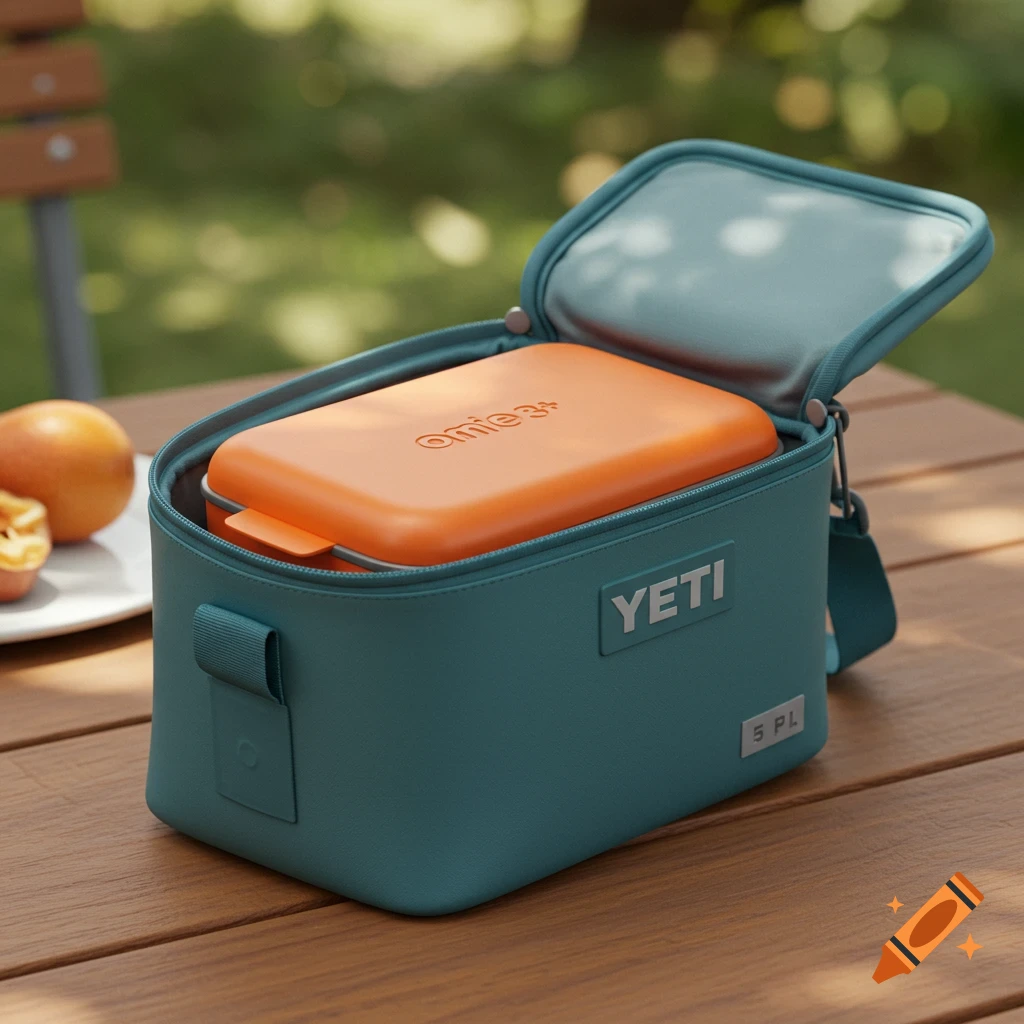 A teal YETI lunch bag, open to reveal an orange Omie 3+ lunch box inside, sits on a wooden picnic table outdoors.