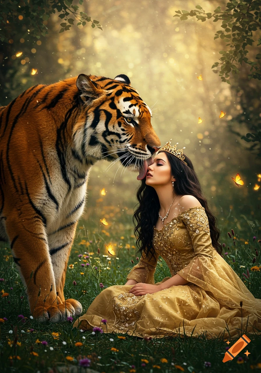 A large tiger gently licks a crowned princess's face in a golden dress, surrounded by butterflies in a sunlit fantasy forest.
