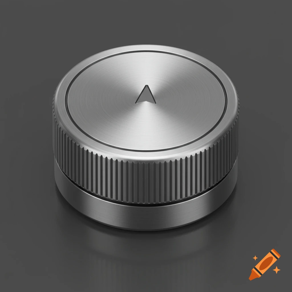 A silver metallic knob with a grooved side and an arrow on top, against a dark gray background.