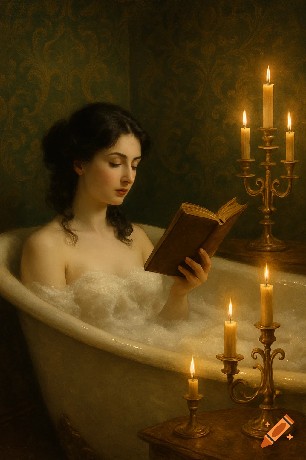 Victorian painting of a woman in a bubble bath, reading a book by candlelight.