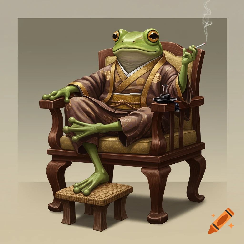 A realistic green frog in a Japanese kimono sits in a wooden armchair, smoking a cigarette, with one foot on a stool.
