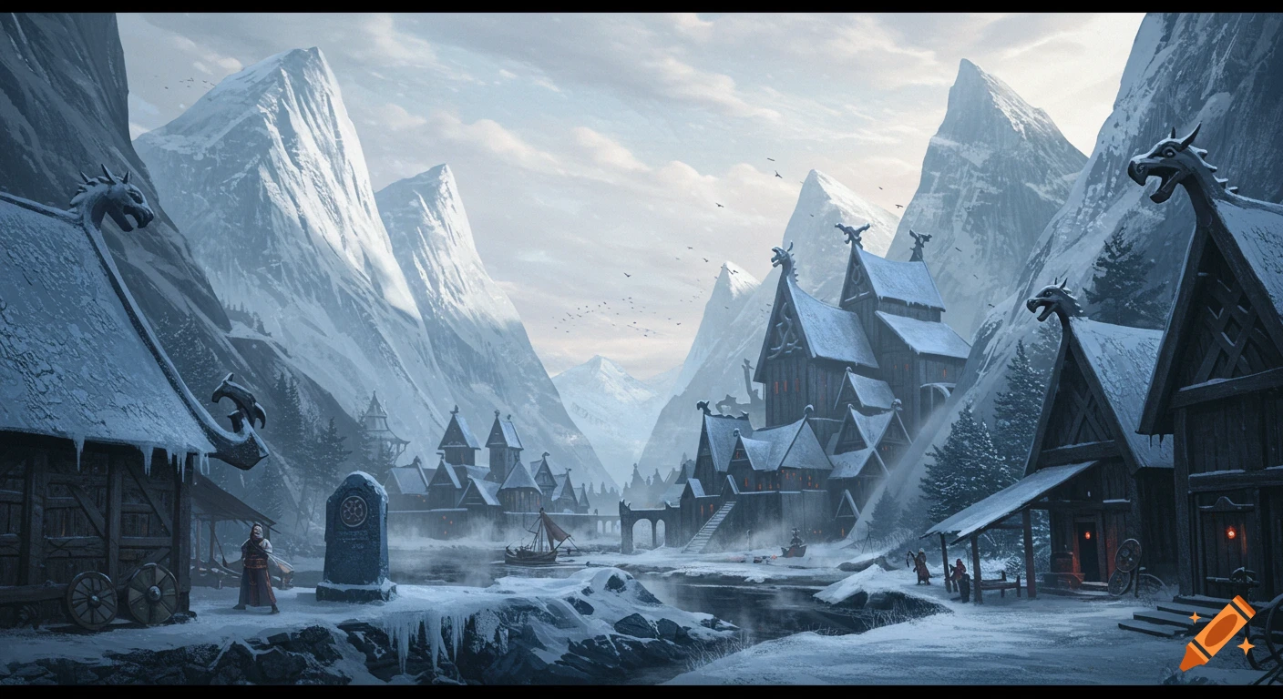 A fantasy digital illustration of a snowy Viking village nestled in a mountain valley with a river, under a pale winter sky.