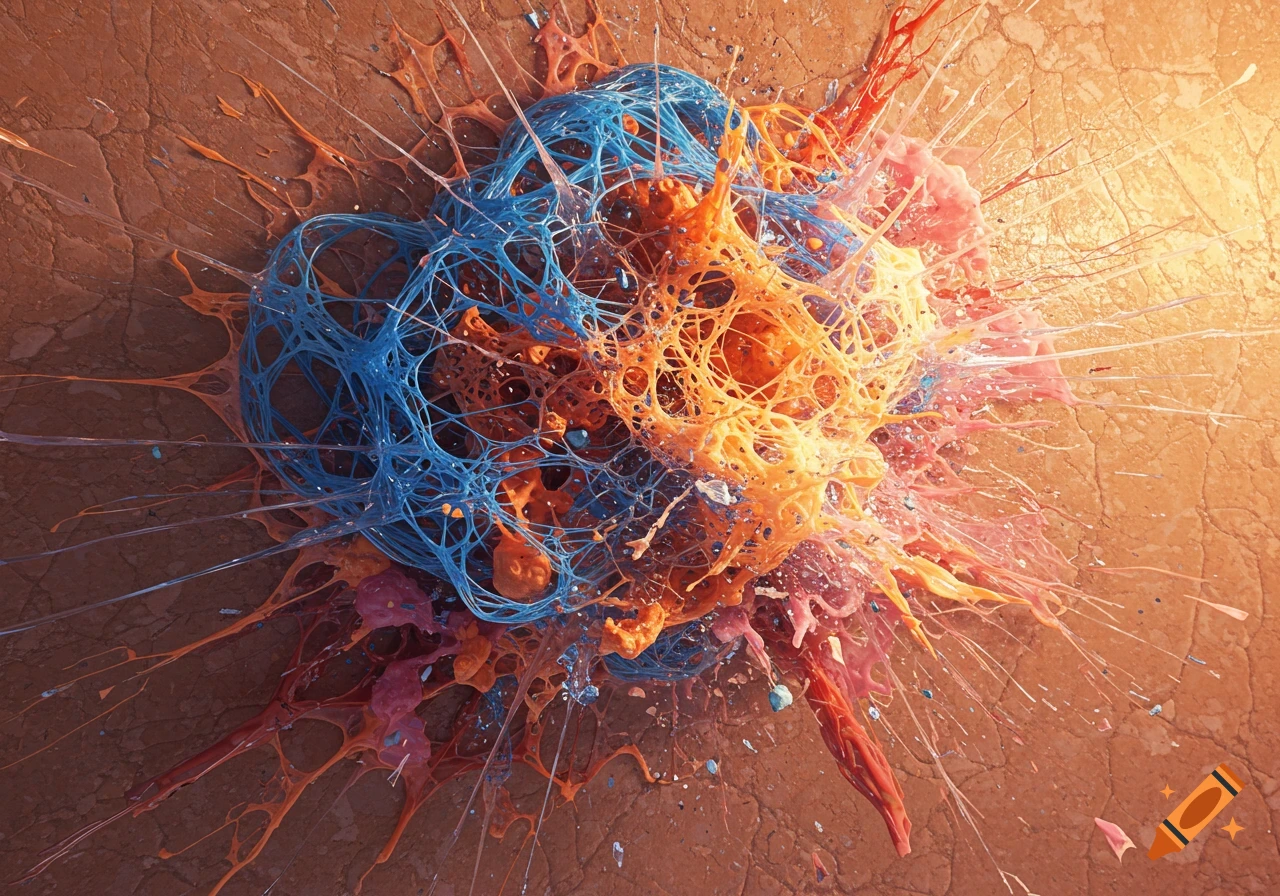 Vibrant abstract explosion of blue, orange, and pink web-like material splattering on a textured brown surface with bright light.