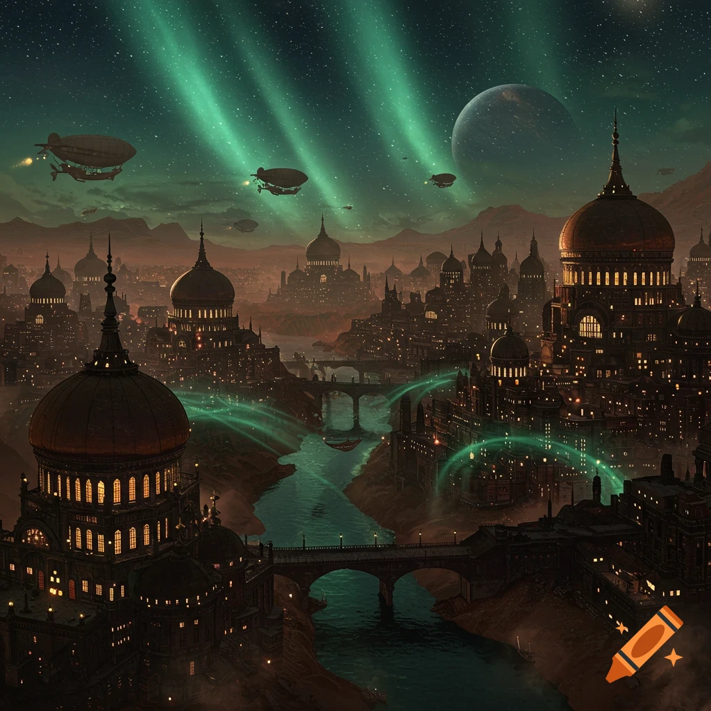 A dark Martian cityscape at night with domed buildings, rivers, and bridges under a green aurora-lit sky. Several airships fly above.