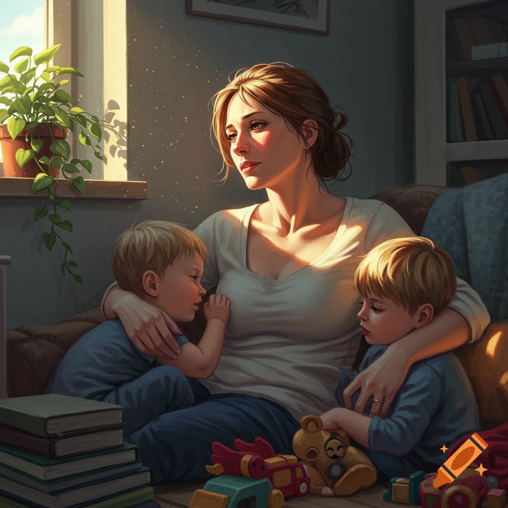 A mother sits with her two young sons in a sunlit living room, surrounded by books and toys, depicting a serene domestic scene.