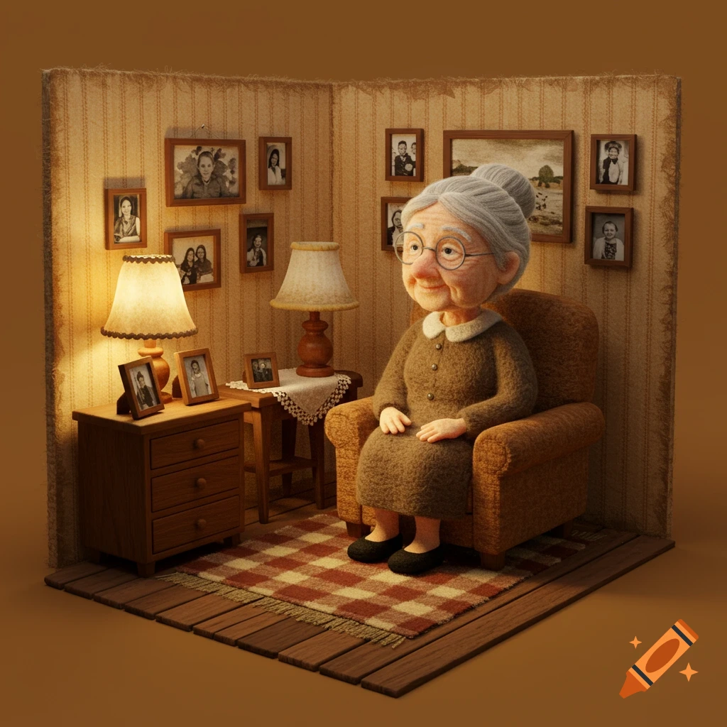 A felted art cartoon of a smiling elderly woman with glasses sitting in a cozy room with framed photos.