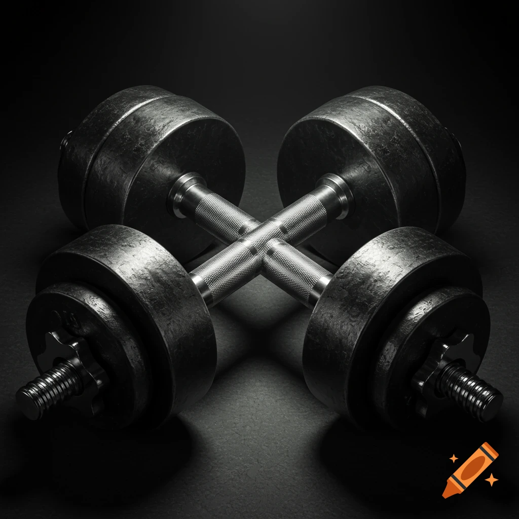 Two dark metallic dumbbells with textured handles crossed on a dark surface, lit dramatically.