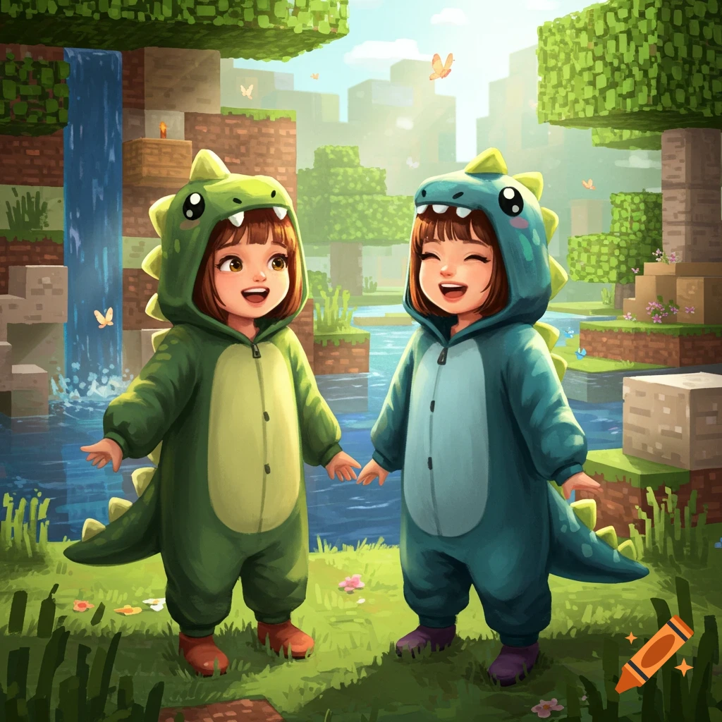 Two smiling girls in green and blue dinosaur onesies hold hands in a bright, blocky Minecraft-style landscape with a waterfall and river.