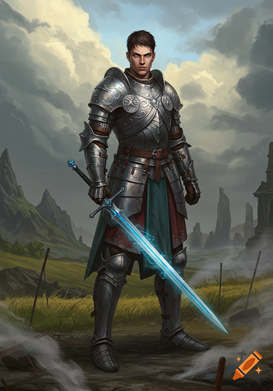 A serious fantasy knight in ornate silver armor stands in a cloudy, mountainous landscape, holding a glowing blue sword.