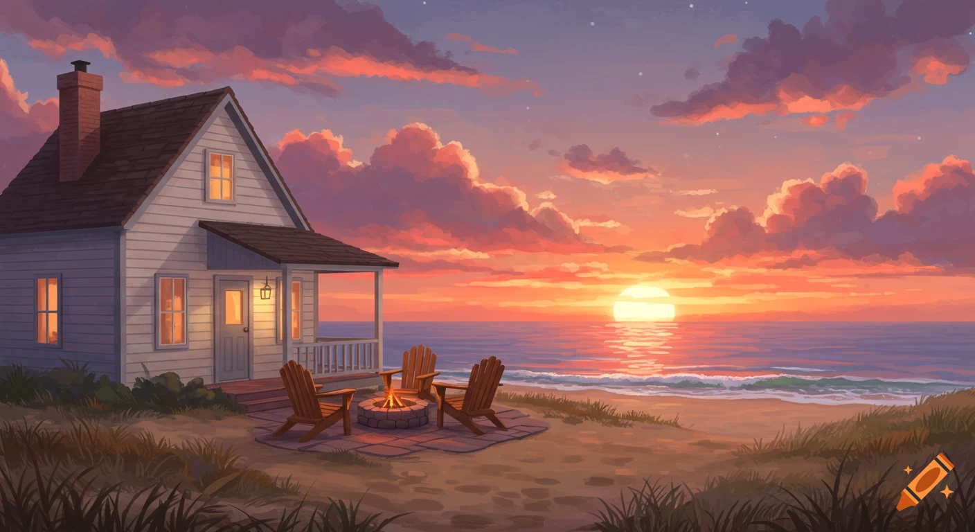 An illustrated scene of a white beach cottage on sand dunes, with a fire pit and chairs facing a vibrant orange sunset over the ocean.