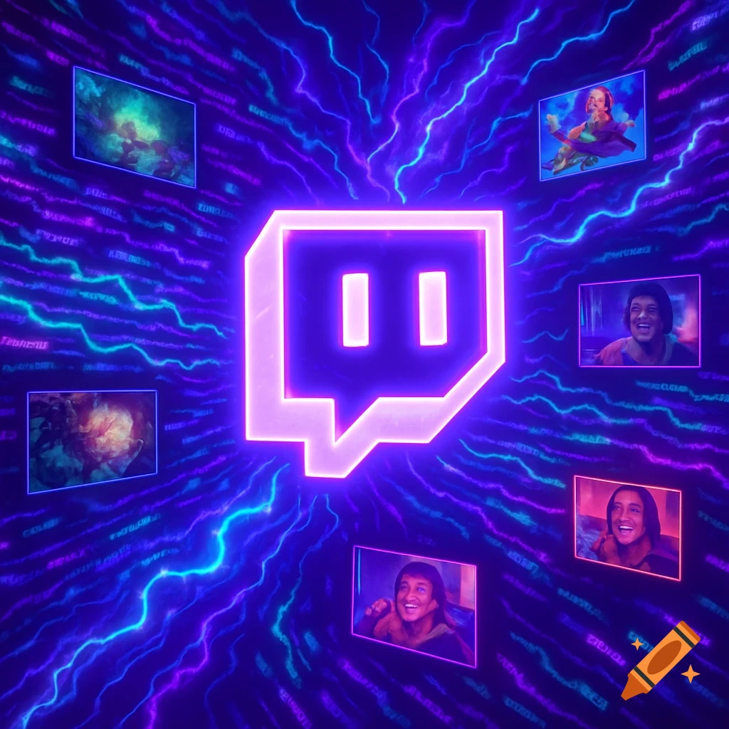 Neon Twitch logo with a purple glow, surrounded by vibrant blue and purple lightning streaks and several small screens displaying diverse content.